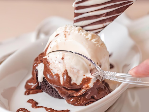 Un tazón de helado de dulce de chocolate con una cuchara recogiendo una salsa de dulce de chocolate.