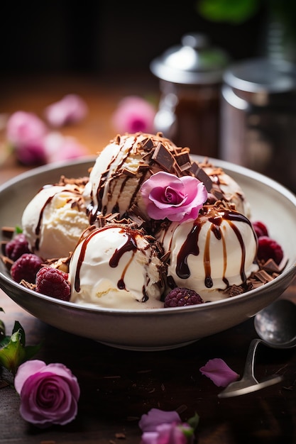 un tazón de helado con una flor en la parte superior.