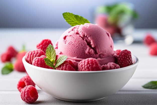 un tazón de helado de frambuesa con hojas de menta