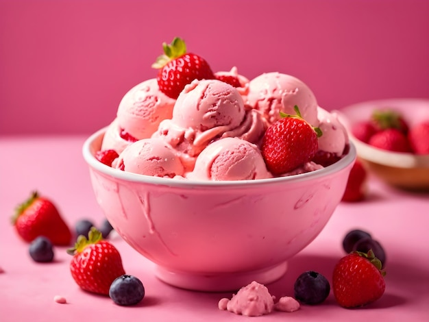 Tazón de helado de fresa con bayas frescas sobre fondo rosa