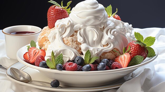 Foto un tazón de helado con fresa y crema batida