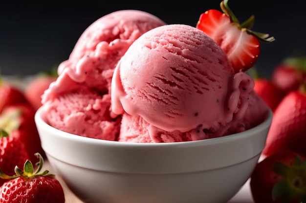 Un tazón de helado de fresa con una fresa encima