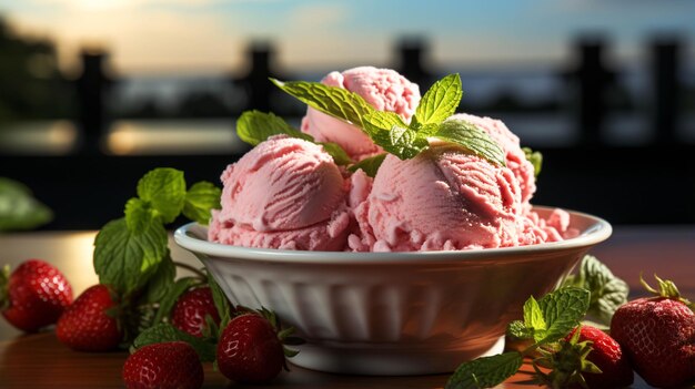 Tazón de helado de fresa con una hoja de menta encima