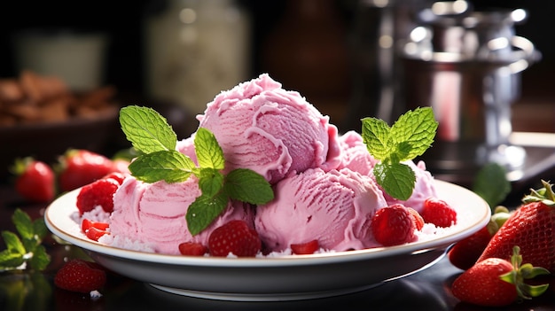 Tazón de helado de fresa con una hoja de menta encima