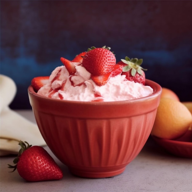 Un tazón de helado de fresa con un melocotón encima.