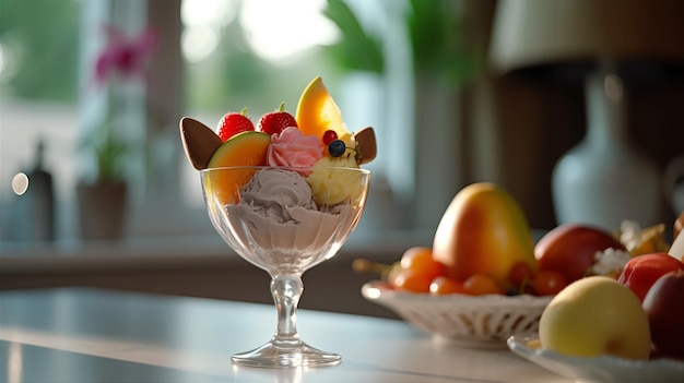 Un tazón de helado con fruta