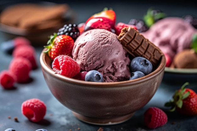 Un tazón de helado de frutas congeladas con una barra de chocolate en el fondo.