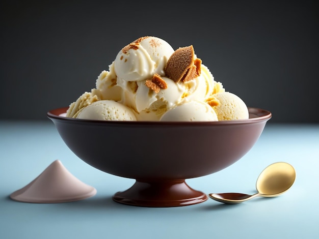 Un tazón de helado con una galleta encima