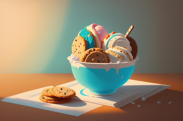 Un tazón de helado con galletas en la parte superior.