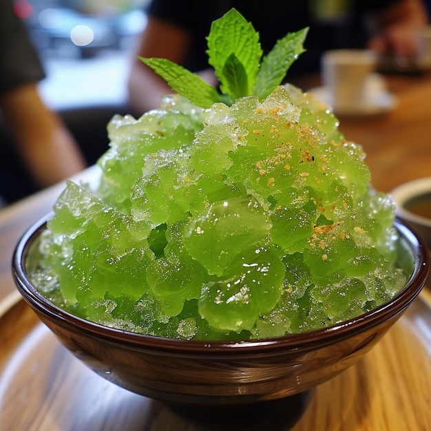 un tazón de helado con una hoja verde en él