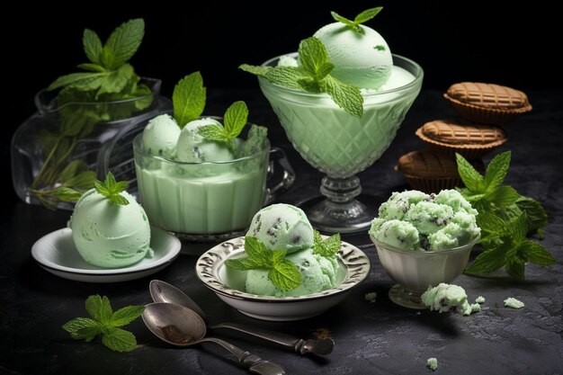 Un tazón de helado con hojas de menta y hojas de menta.