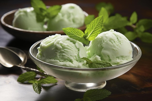 un tazón de helado con hojas de menta sobre una mesa.