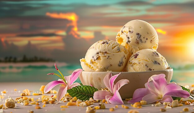 Un tazón de helado junto a las flores.