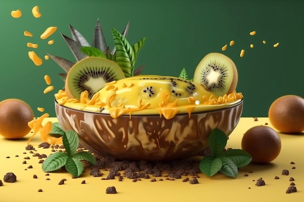 Un tazón de helado de kiwi con chispas de chocolate y hojas de menta al lado.