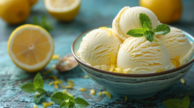 Un tazón de helado con limones