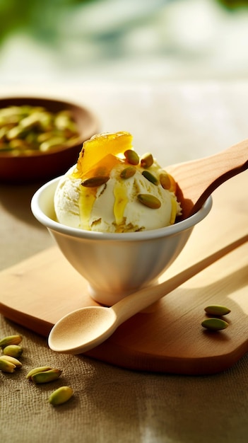 Tazón de helado de pistacho con pistachos verdes en el mostrador de la cocina de madera generado por ai