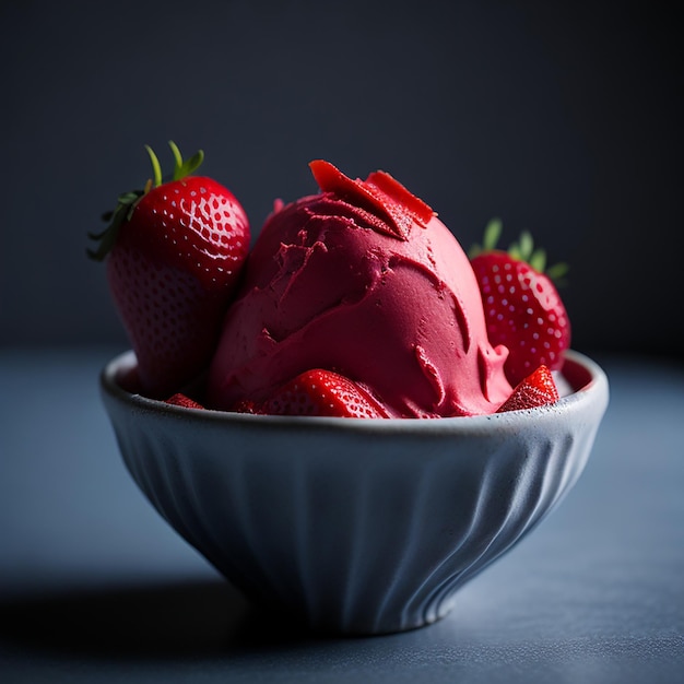 Un tazón de helado rojo con fresas encima.