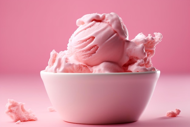 Un tazón de helado rosa con fondo rosa.