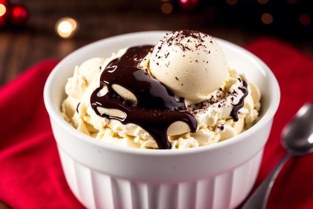 Un tazón de helado con salsa de chocolate y una bola de helado de chocolate encima.