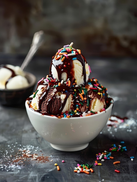 un tazón de helado con salsa de chocolate