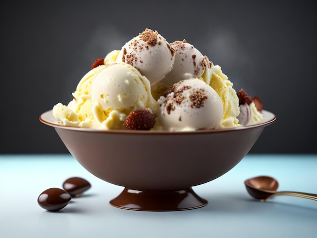 Un tazón de helado de vainilla con chispas de chocolate y chispas de chocolate.