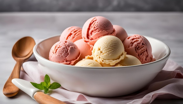 un tazón de helados con una cuchara en él