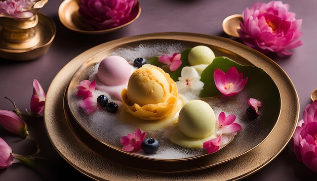 Foto un tazón de helados y flores con una flor púrpura en la parte superior