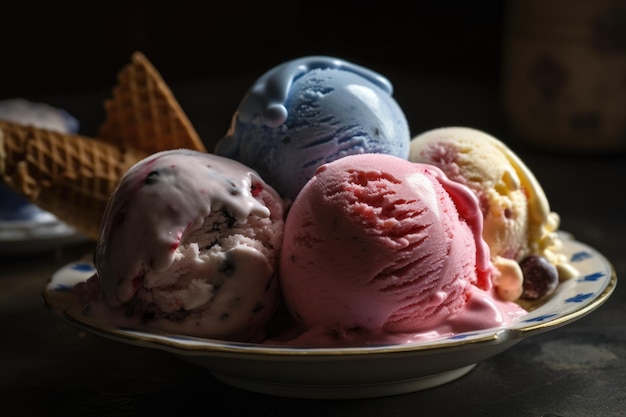 Un tazón de helados con un helado con sabor a arándanos en el medio.