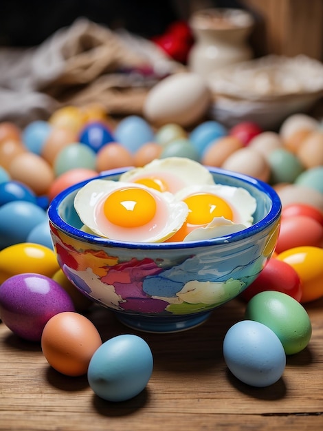 Tazón de huevos coloridos con algunos huevos alrededor