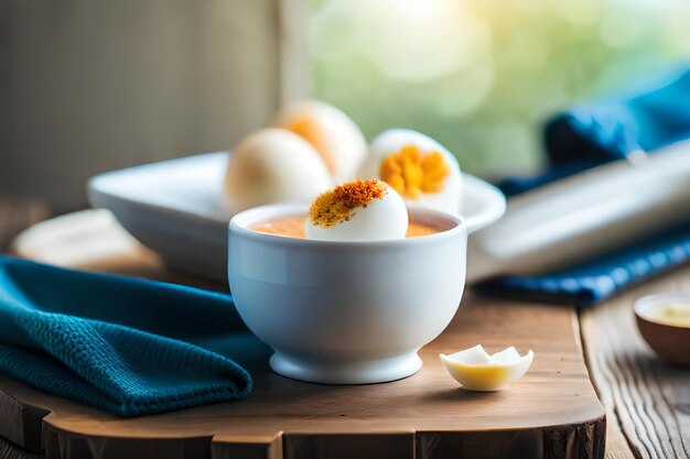 Foto un tazón de huevos con una cuchara y un tazó de mantequilla en una mesa