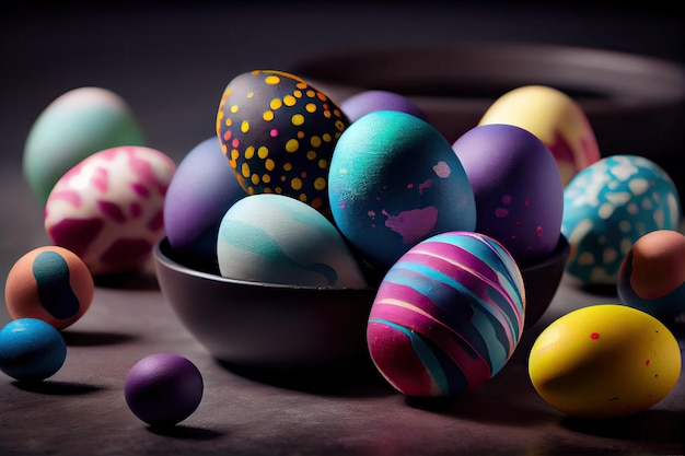 Un tazón de huevos de pascua decorados en una mesa