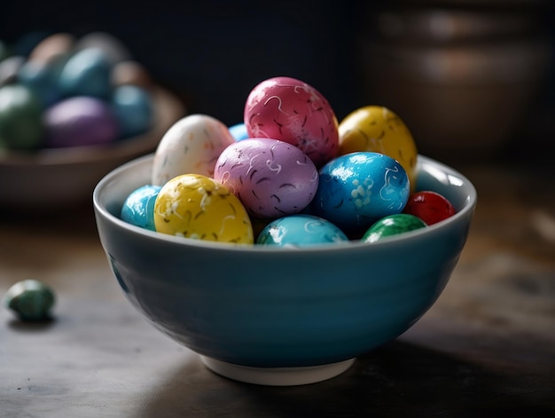 Un tazón de huevos de pascua con la palabra pascua