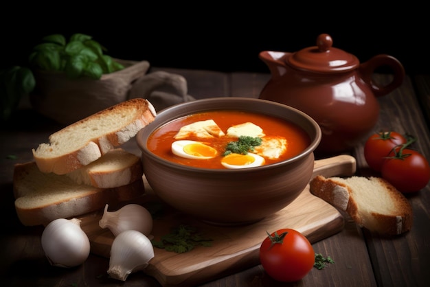 Foto tazón de huevos de sopa de tomate sobre tabla de madera generar ai