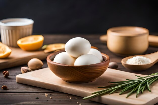 Foto un tazón de huevos con un tazó de madera de ajo en una mesa