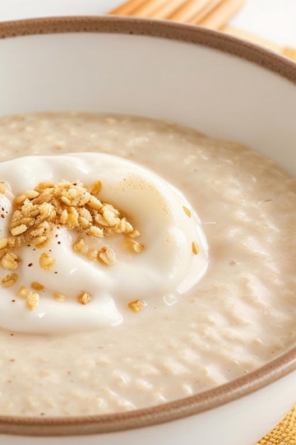 Un tazón humeante de avena cubierto con una cucharada de leche cremosa