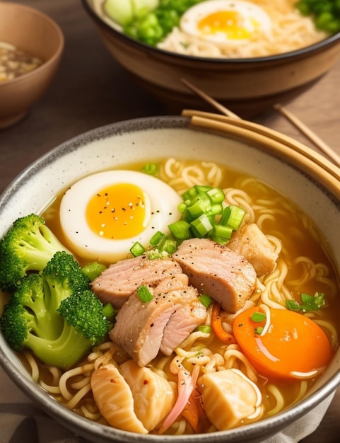 Un tazón humeante de fideos ramen con suculenta carne de cerdo y verduras frescas