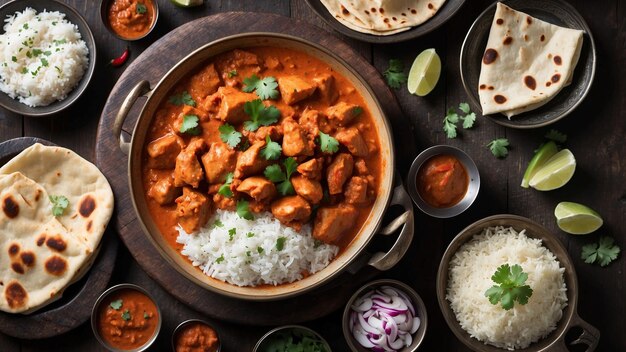 Un tazón humeante de pollo Tikka Masala se coloca encima de una mesa de madera oscura rodeada por una matriz o