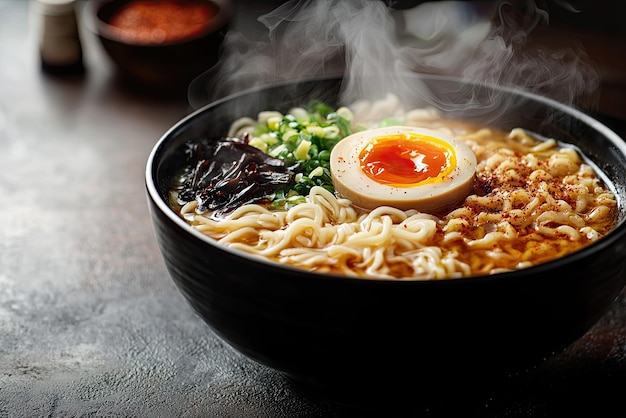 Un tazón humeante de rico y sabroso ramen encarna la comodidad adornado con ingredientes frescos y un huevo cocido a la perfección