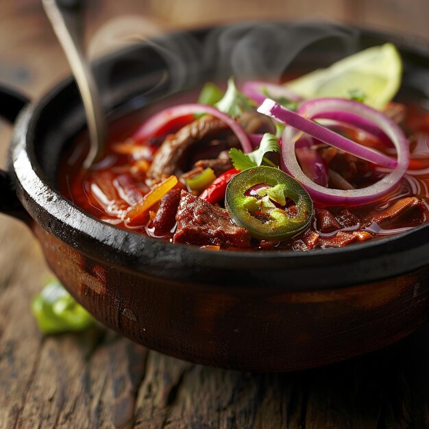 Foto un tazón humeante de sopa de menudo con un caldo rojo vibrante