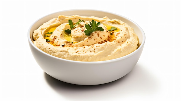 Un tazón de hummus aislado sobre un fondo blanco