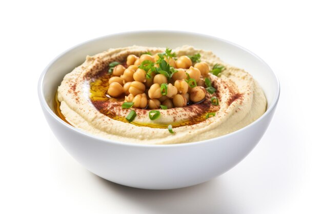 Un tazón de hummus sobre un fondo blanco