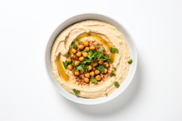 Foto un tazón de hummus sobre un fondo blanco