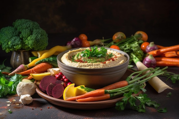 Un tazón de hummus con una variedad de vegetales para mojar creado con inteligencia artificial generativa