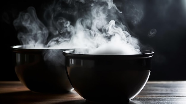 Un tazón de humo está sobre una mesa con un fondo negro.