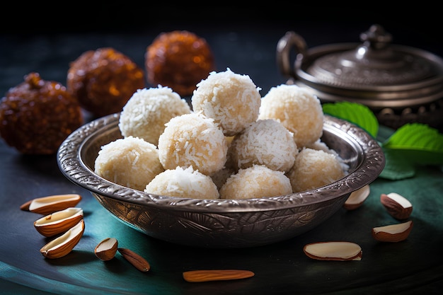 Tazón de laddus de coco desecado dulce indio