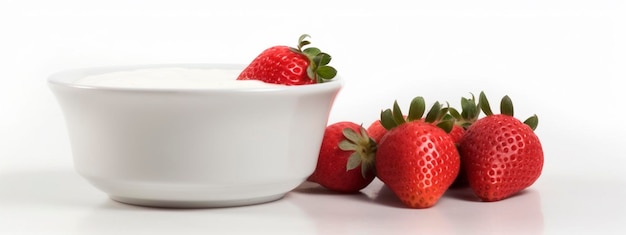 Un tazón de leche o yogur con fresas sobre un fondo blanco salpicado IA generativa