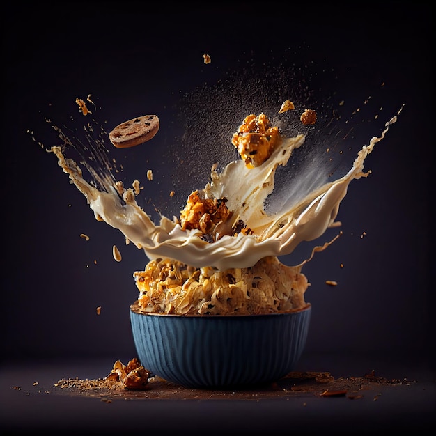 Un tazón lleno de cereal con leche y mantequilla de maní.