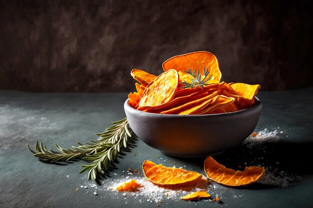 Tazón lleno de deliciosas papas fritas crujientes en la mesa