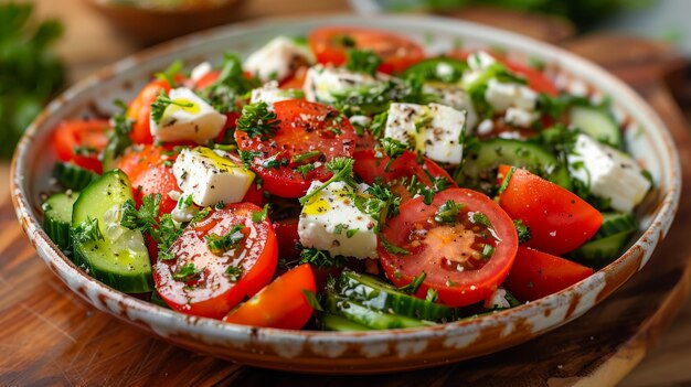 Un tazón lleno de ensalada griega fresca