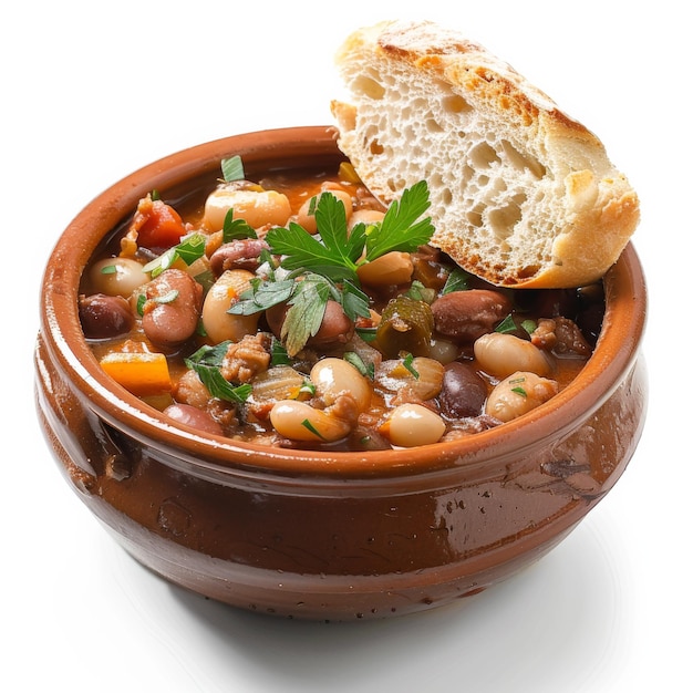 Foto un tazón lleno de frijoles se encuentra junto a un pedazo de pan que representa la cocina francesa rústica